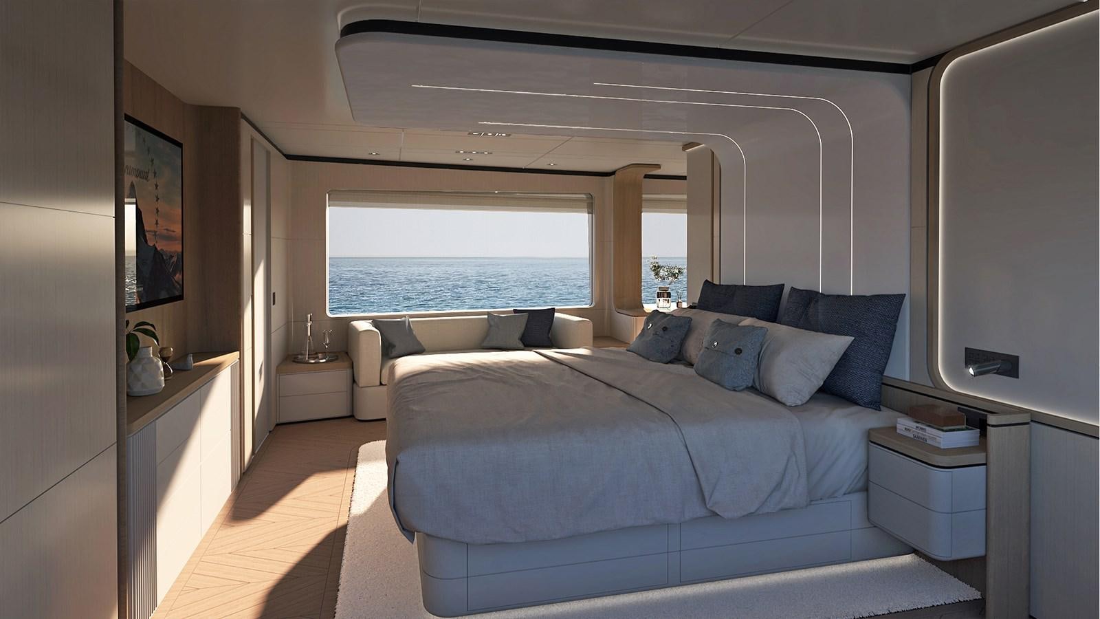 a room with a bed and a window aboard VITTORIA VELOCE 32 RPH #01 Yacht for Sale