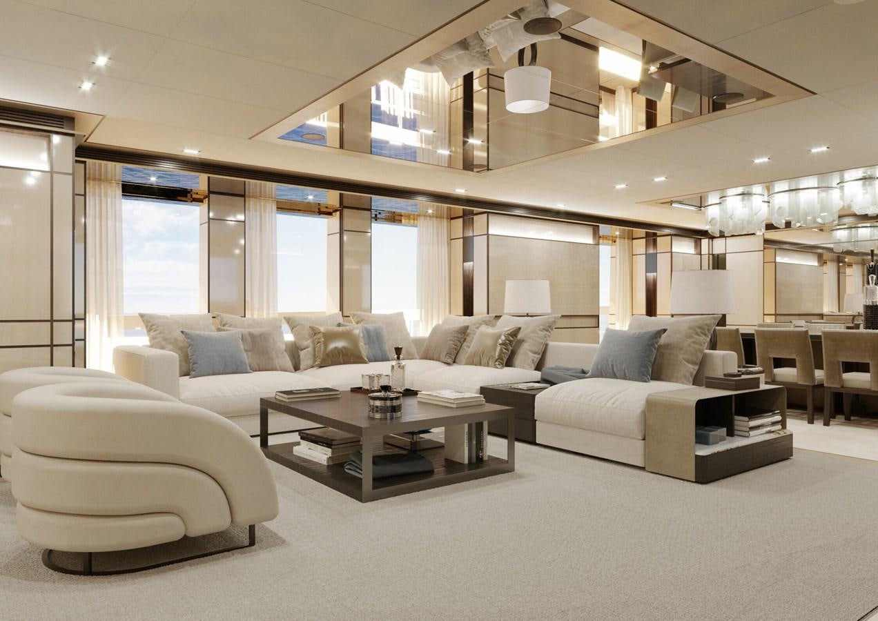 a large living room with white furniture aboard RELIANCE Yacht for Sale