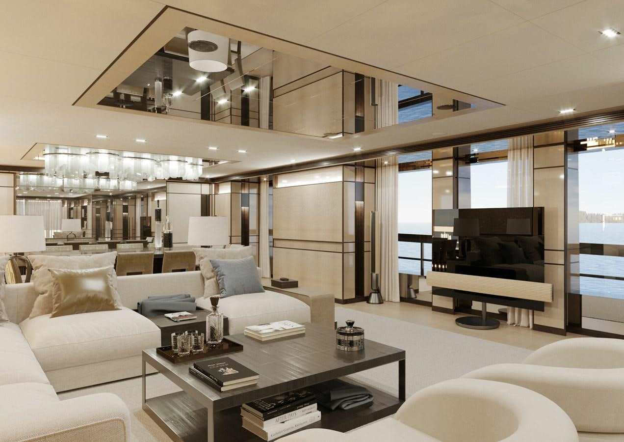a living room with a large window aboard RELIANCE Yacht for Sale