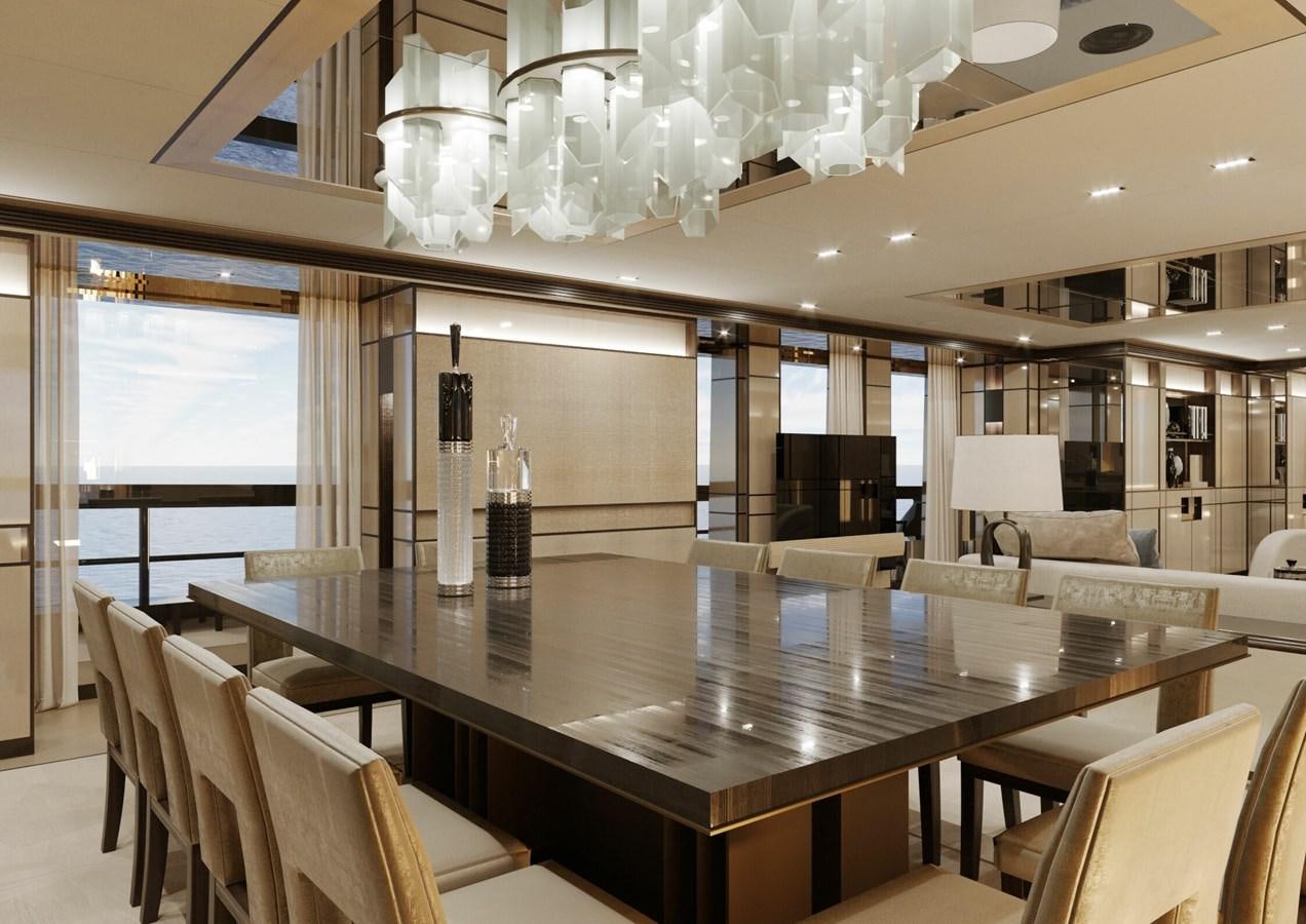 a large room with a table and chairs aboard RELIANCE Yacht for Sale