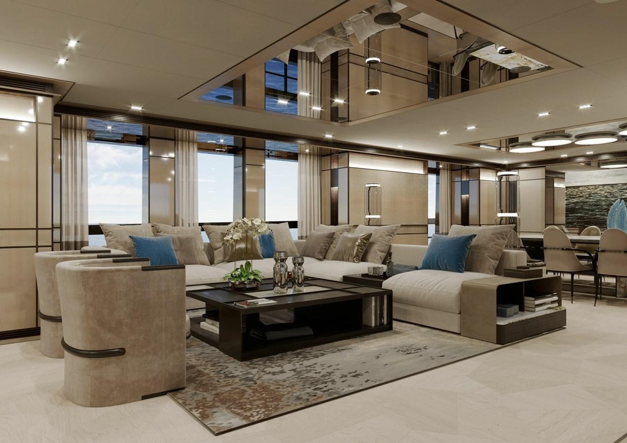 a living room with a couch and a coffee table aboard RELIANCE Yacht for Sale