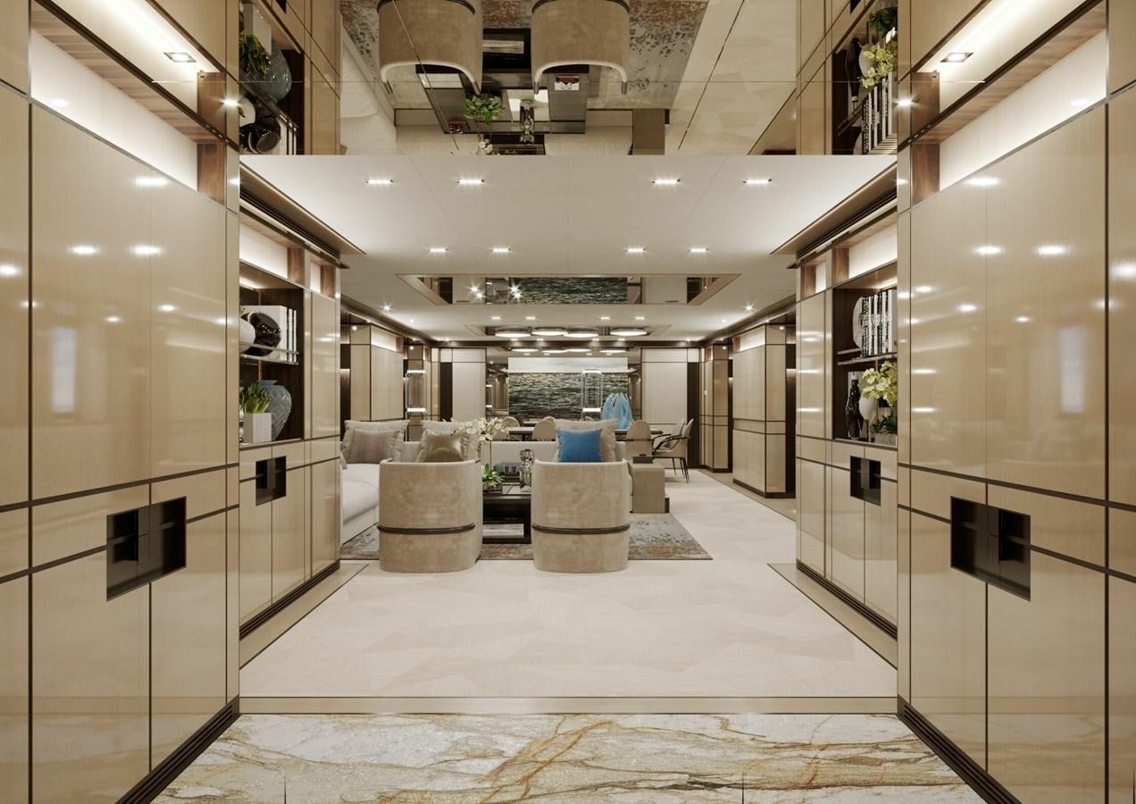 a large room with a large glass display case aboard RELIANCE Yacht for Sale