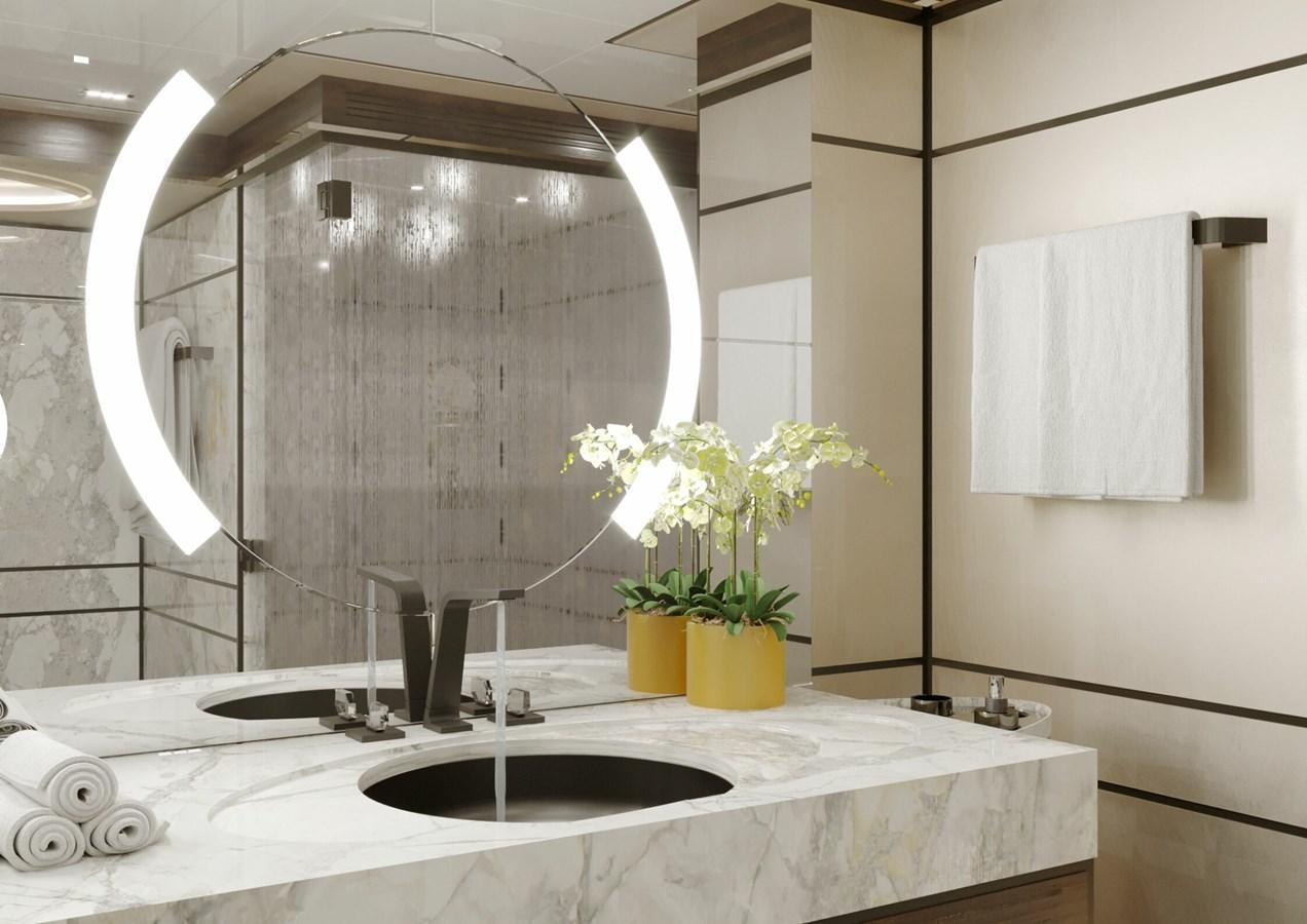 a bathroom with a large mirror aboard RELIANCE Yacht for Sale