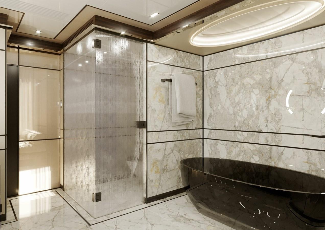 a bathroom with a tub and shower aboard RELIANCE Yacht for Sale