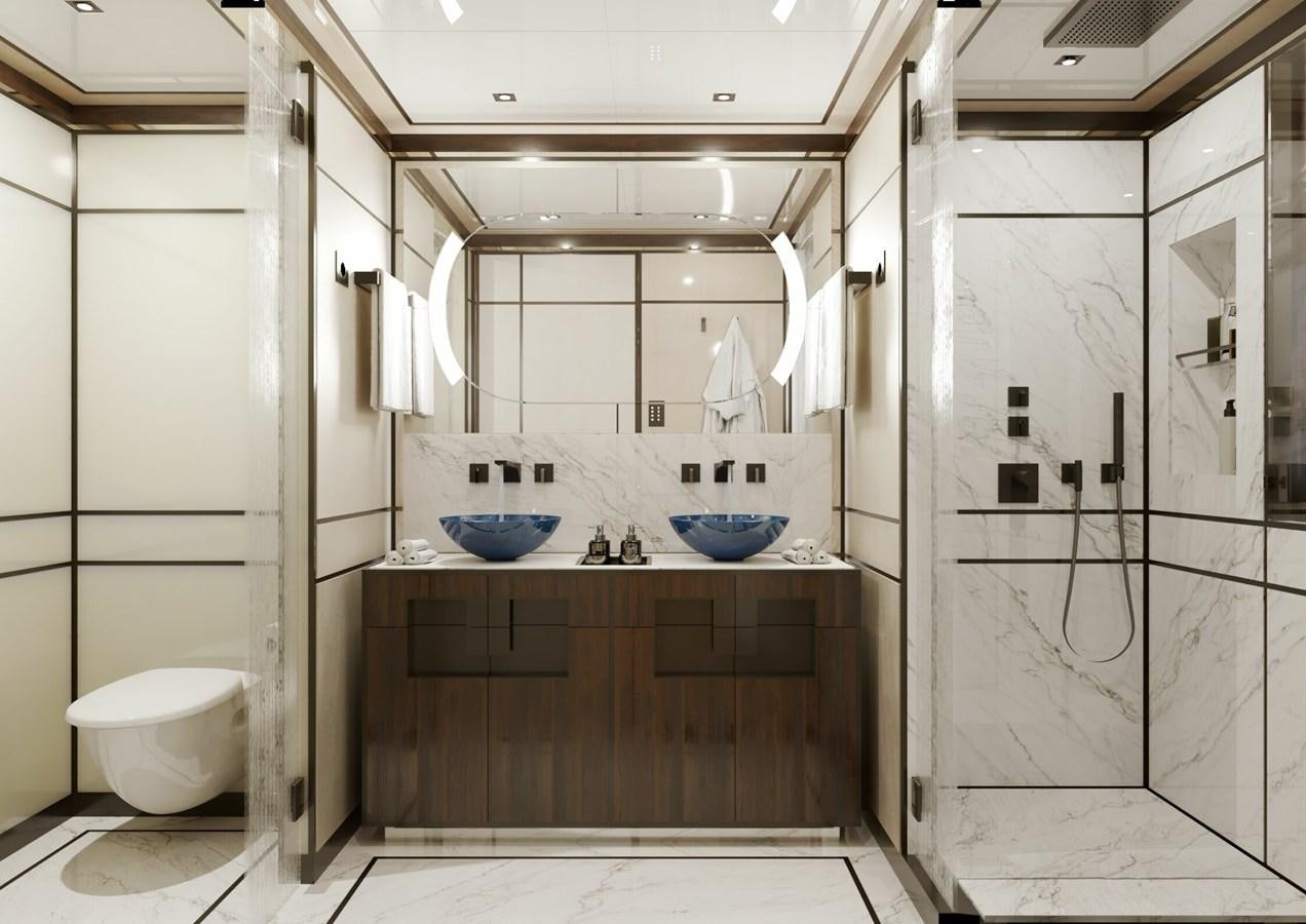 a bathroom with sinks and mirrors aboard RELIANCE Yacht for Sale
