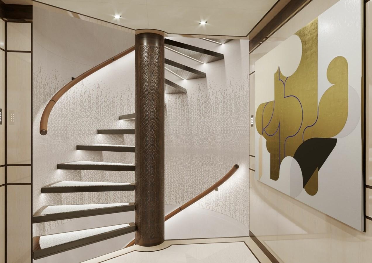 a white staircase with a painting on the wall aboard RELIANCE Yacht for Sale