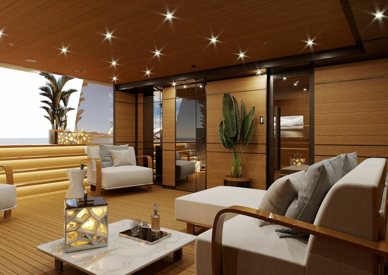 a living room with a large window aboard RELIANCE Yacht for Sale