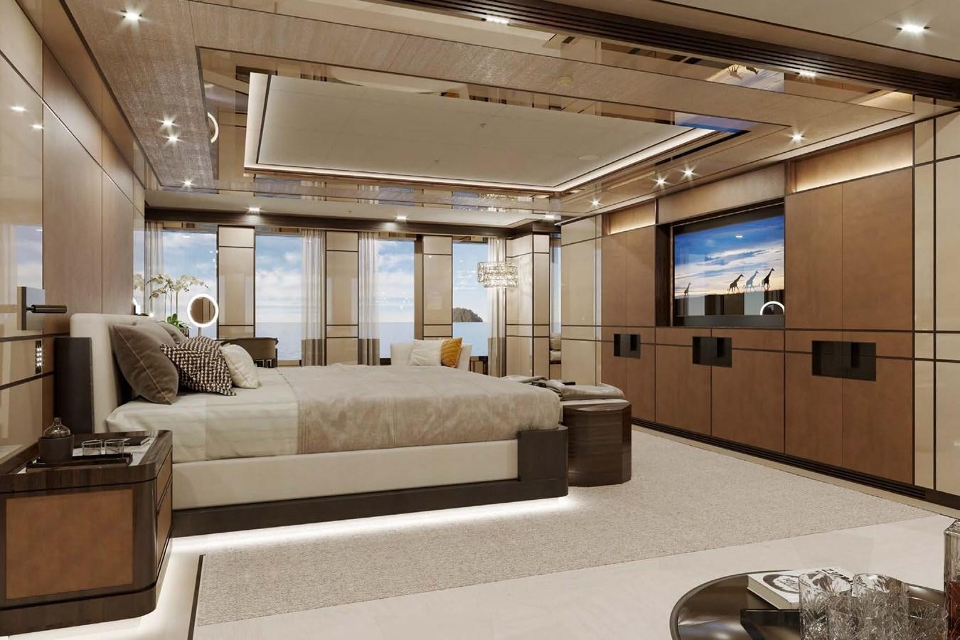 a large room with a large bed aboard RELIANCE Yacht for Sale