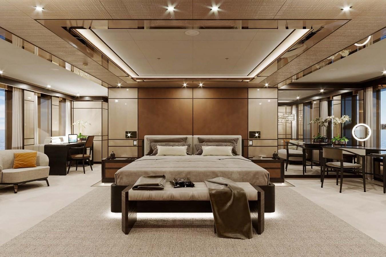 a large bed in a room aboard RELIANCE Yacht for Sale