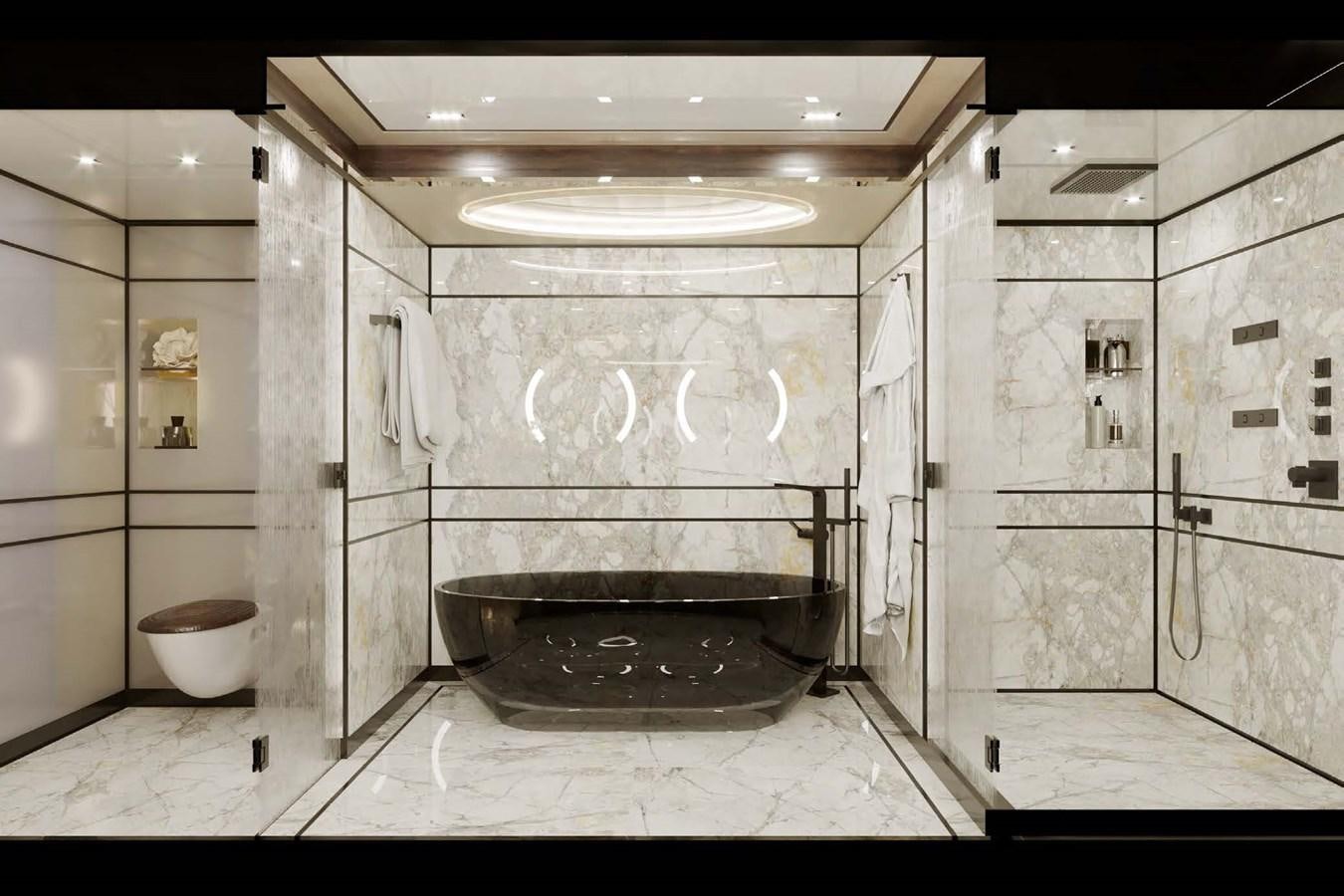 a bathroom with a large wall aboard RELIANCE Yacht for Sale