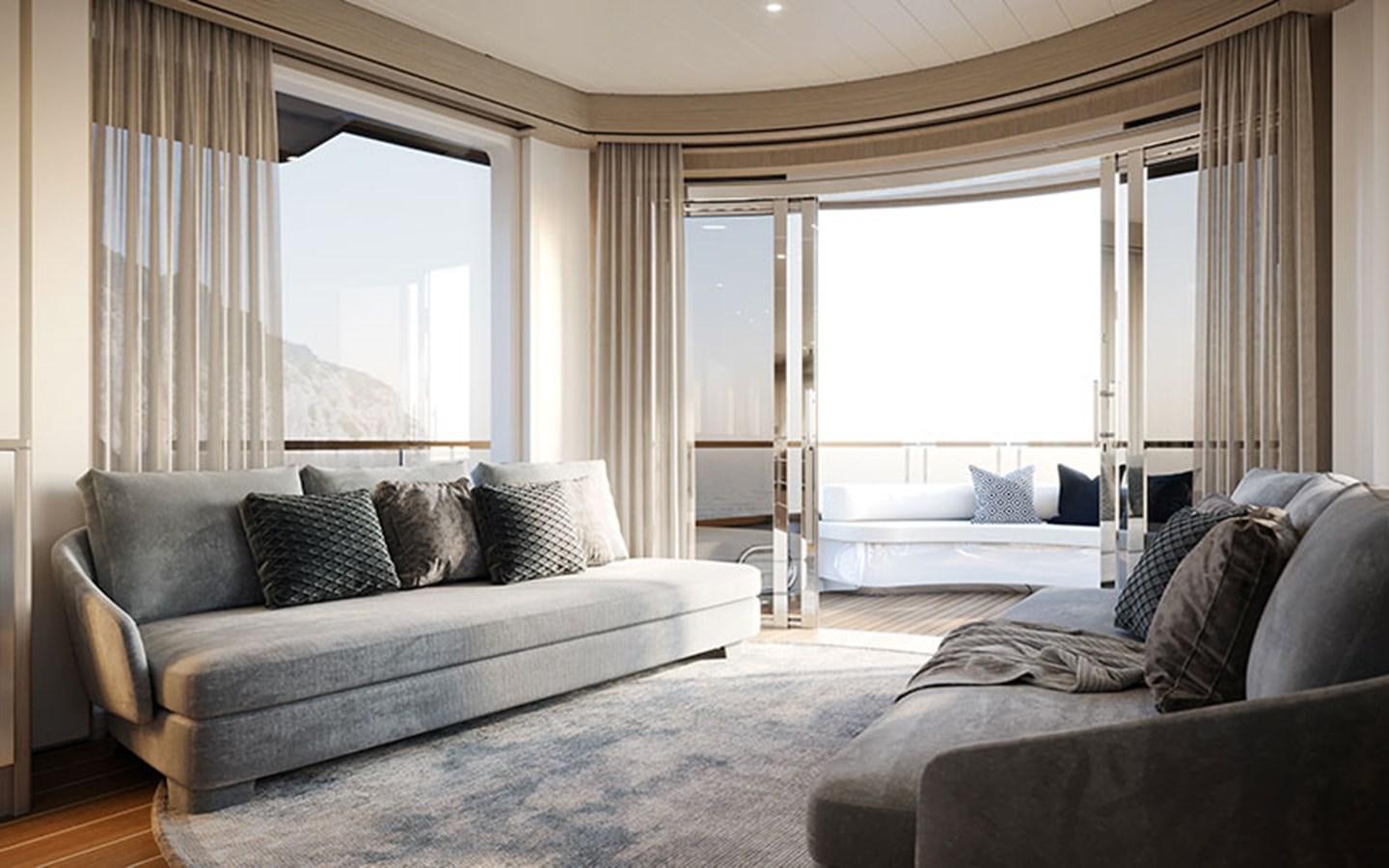 a large living room with a large window aboard AF Yacht for Sale