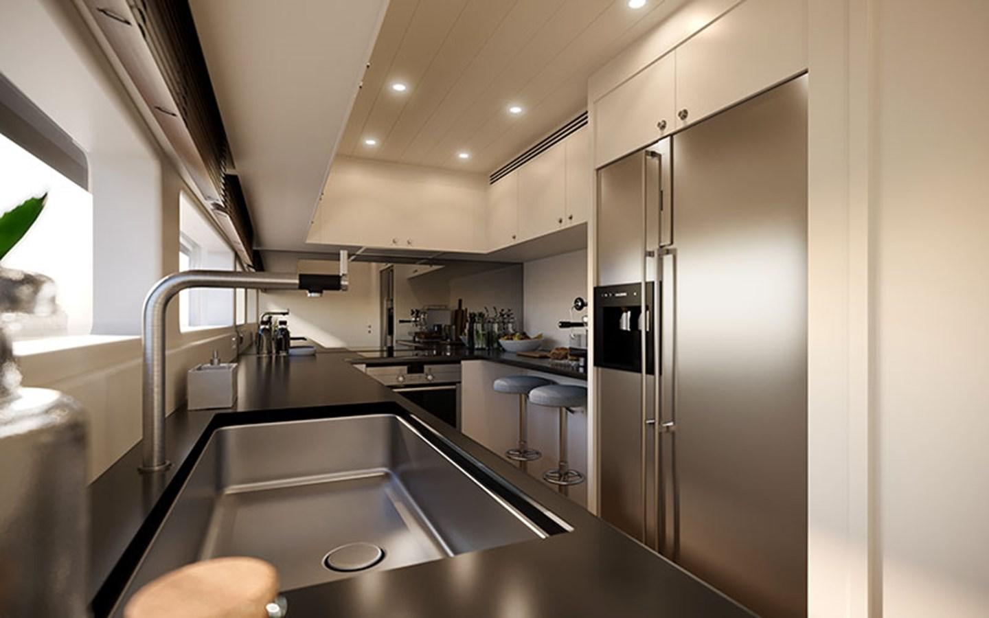 a kitchen with stainless steel appliances aboard AF Yacht for Sale