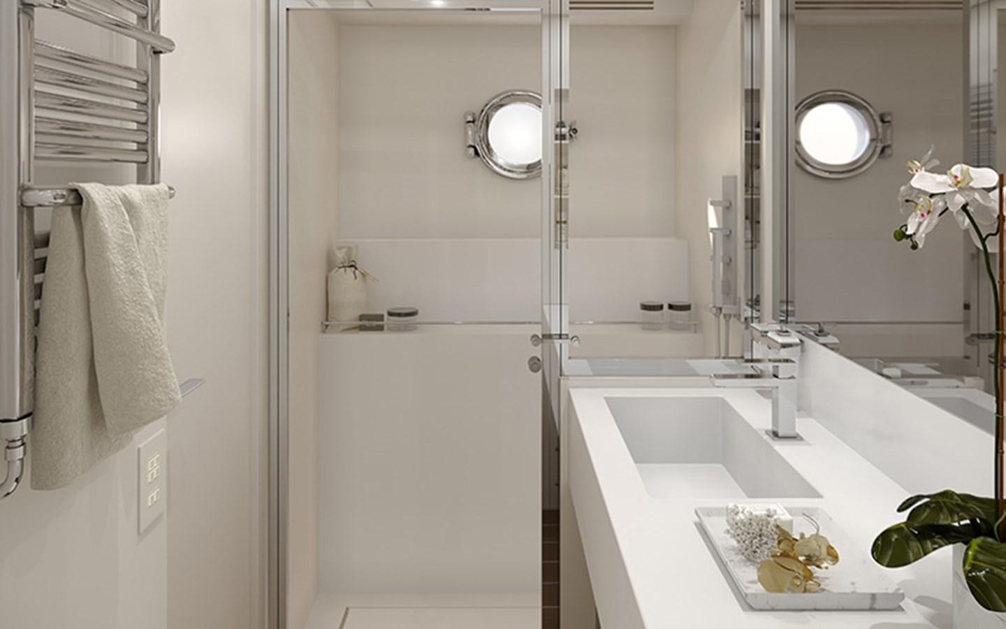a bathroom with a sink and mirror aboard AF Yacht for Sale