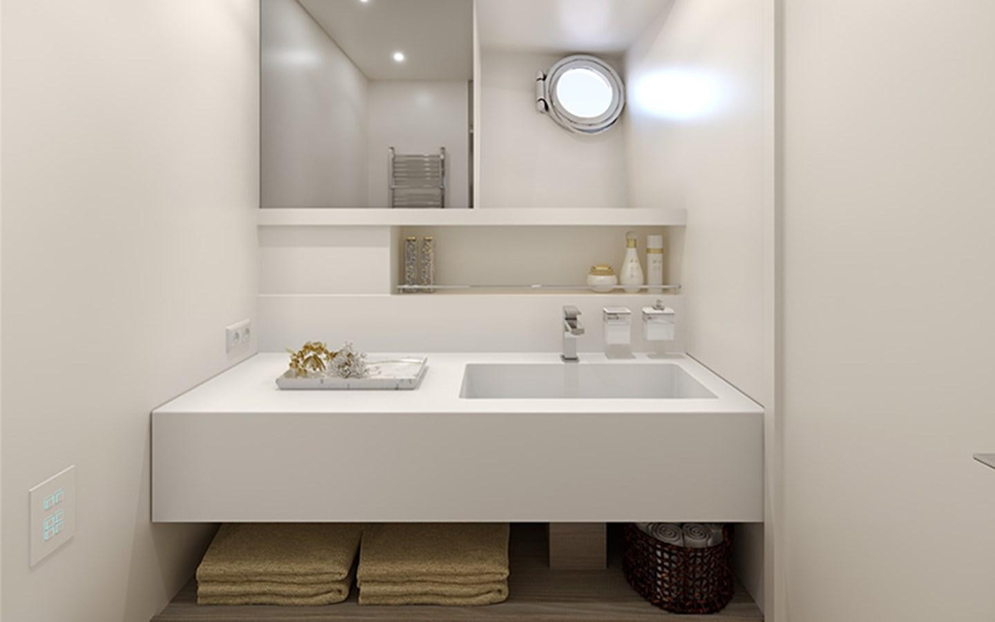 a bathroom with a sink and a mirror aboard AF Yacht for Sale