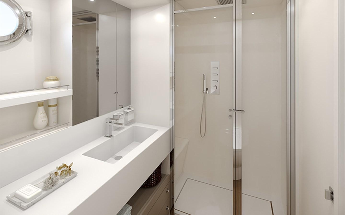 a bathroom with a sink and a mirror aboard AF Yacht for Sale