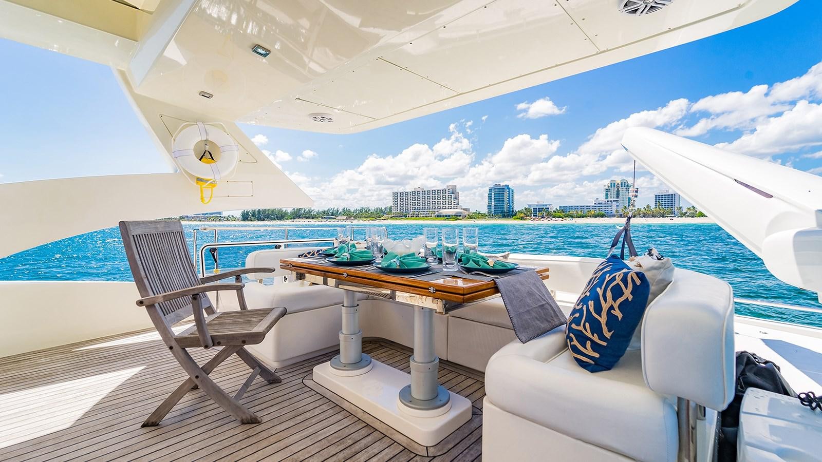a room with a table chairs and a view of the water aboard THERAPY Yacht for Sale
