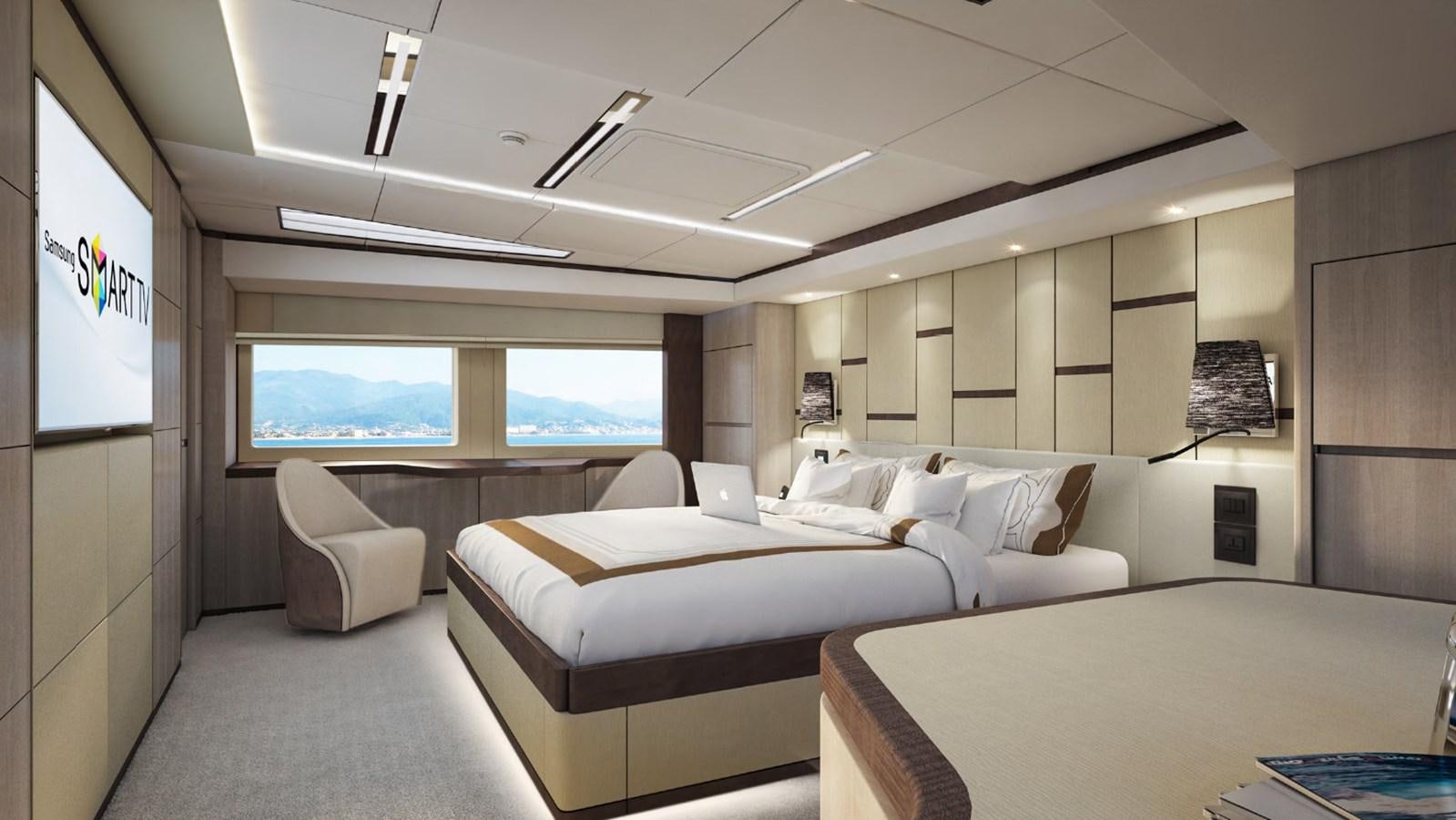 a room with a bed and a window aboard NIXTUN Yacht for Sale