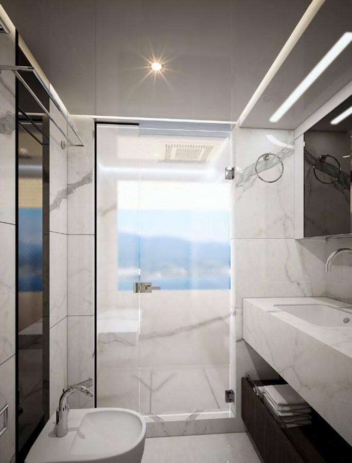 a bathroom with a glass shower aboard NIXTUN Yacht for Sale