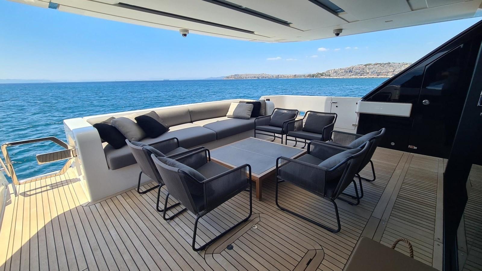 a room with a table chairs and a view of the ocean aboard 2021 SANLORENZO SD96 #95 Yacht for Sale