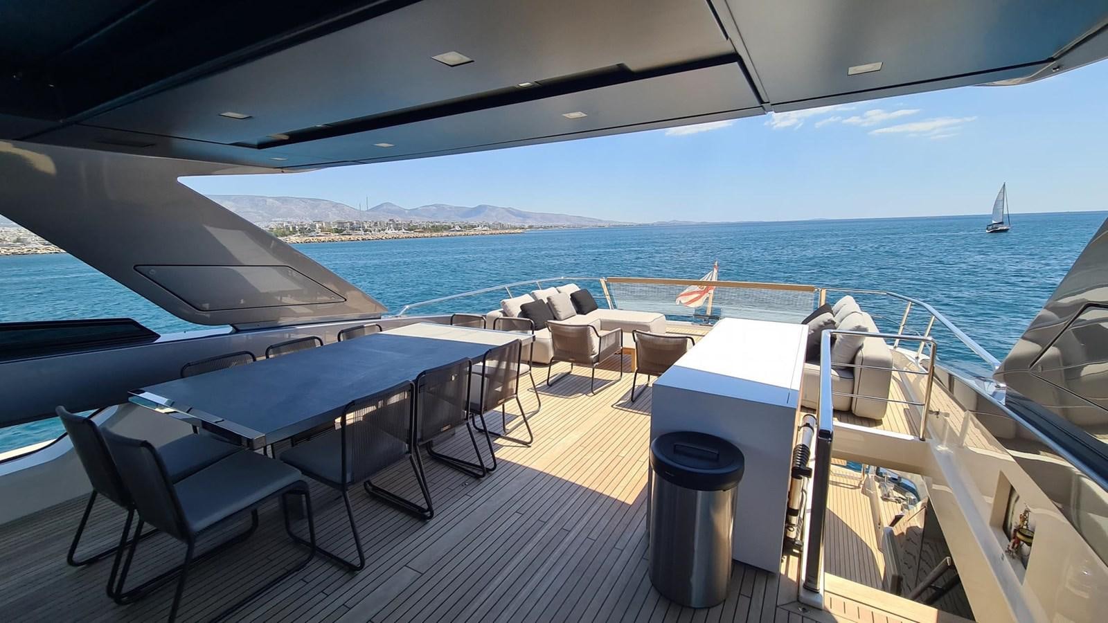 a deck with chairs and tables on it aboard 2021 SANLORENZO SD96 #95 Yacht for Sale