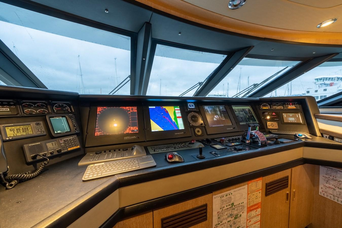 a group of monitors on a desk aboard LA MASCARADE Yacht for Sale