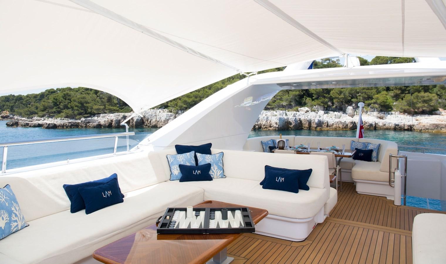 a large white lounge chair on a deck overlooking a body of water aboard LA MASCARADE Yacht for Sale