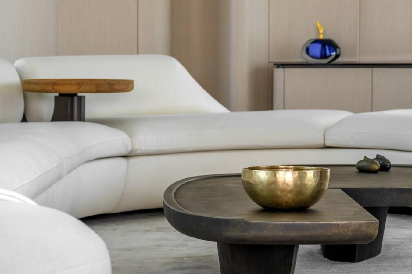 a white couch with a bowl on it aboard SHABBY Yacht for Sale