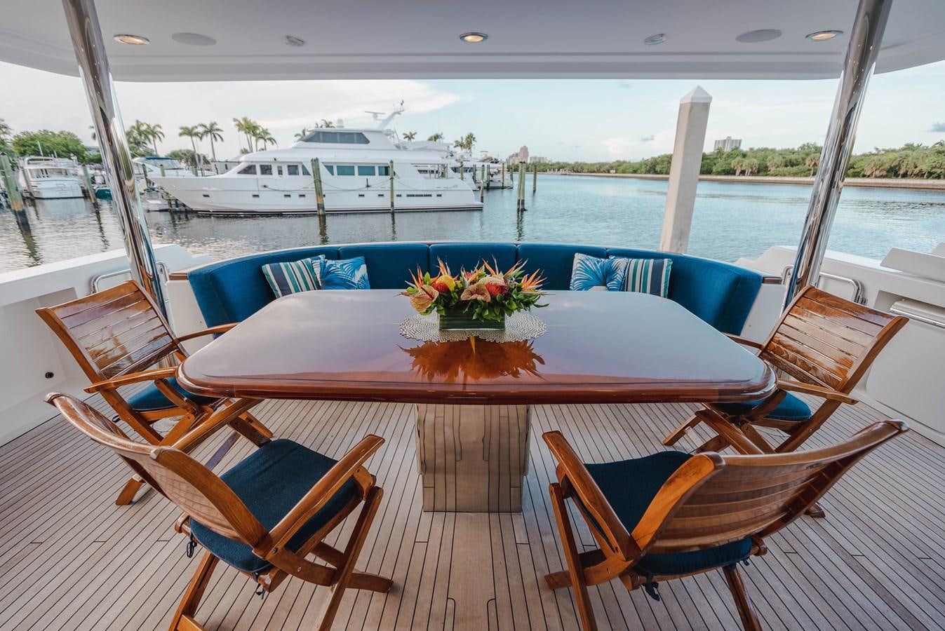 a table with chairs on it next to a large body of water aboard LA LADY Yacht for Sale
