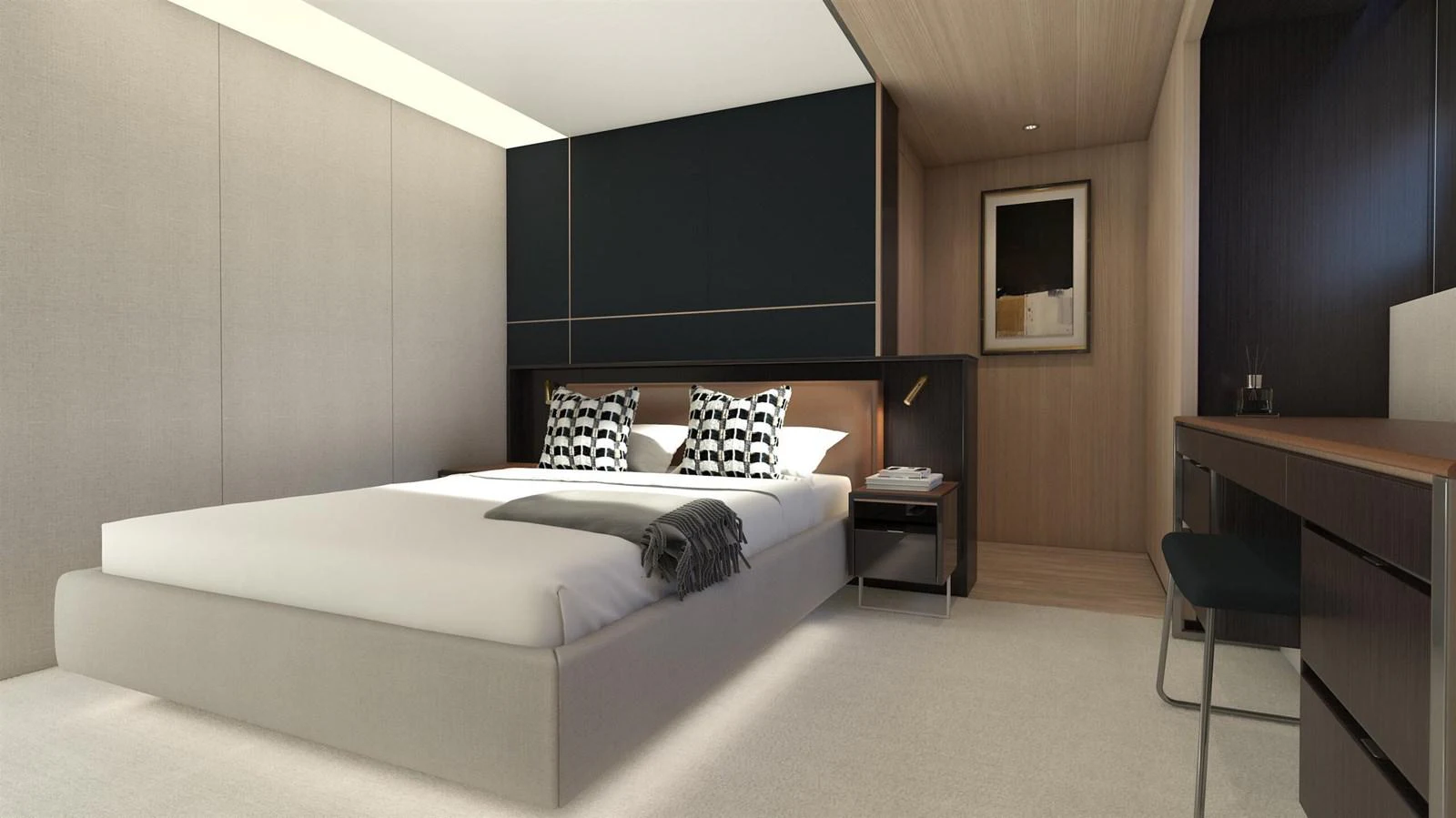 a bedroom with a bed and desk aboard OCEAN 460 Yacht for Sale