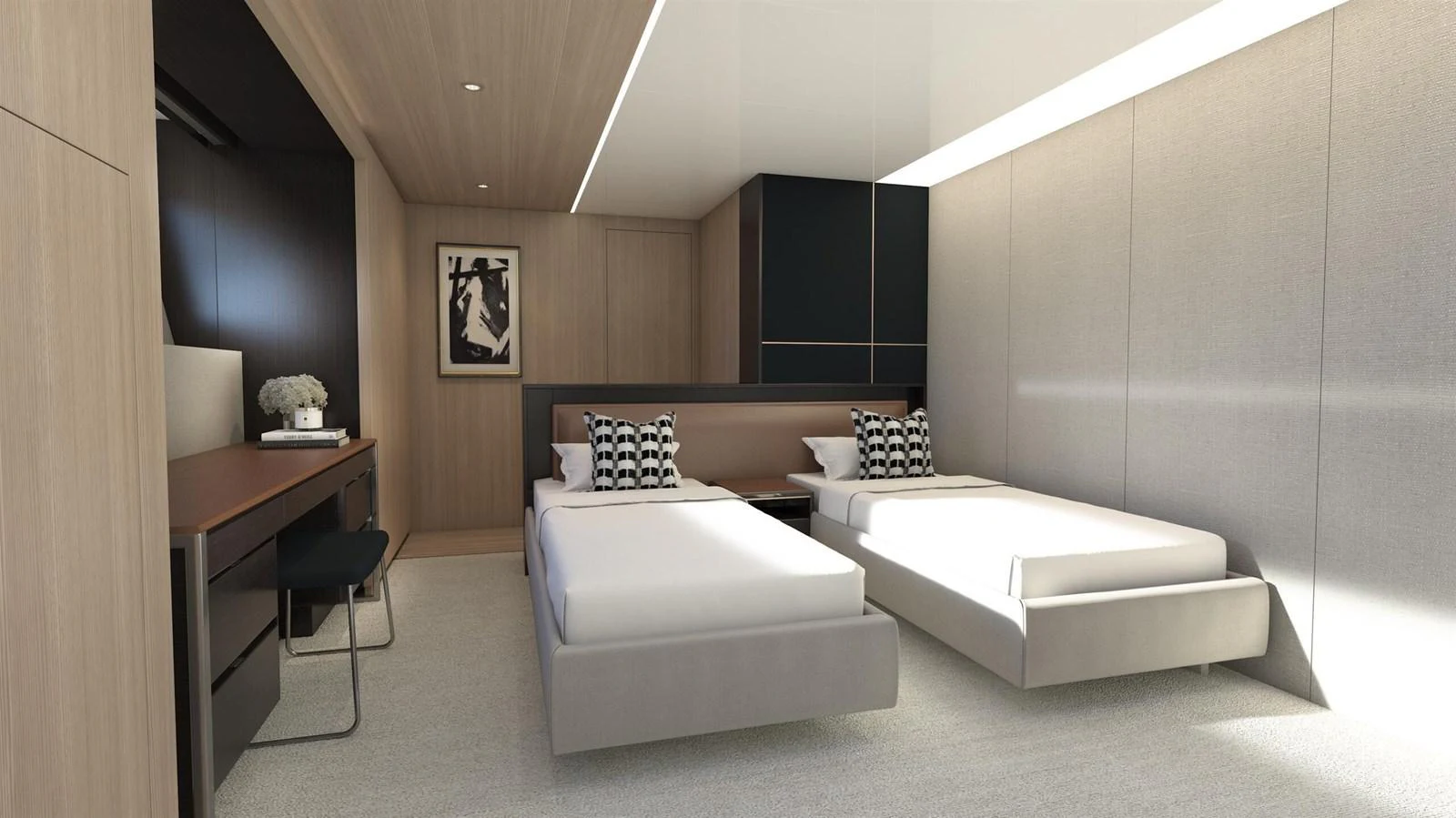 a room with a bed and a desk aboard OCEAN 460 Yacht for Sale