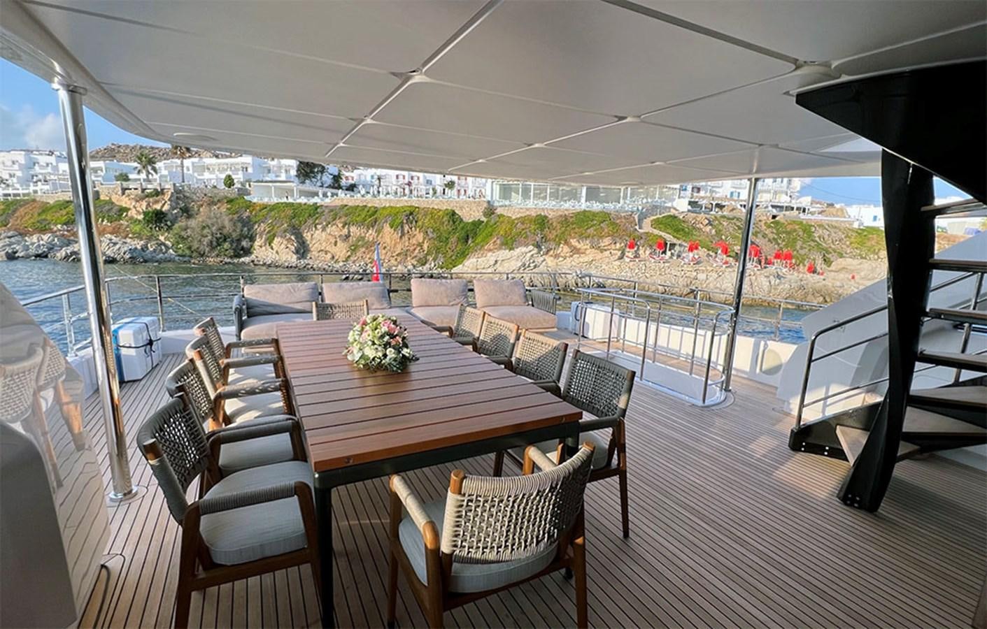 a table and chairs on a deck aboard CHECKMATE Yacht for Sale