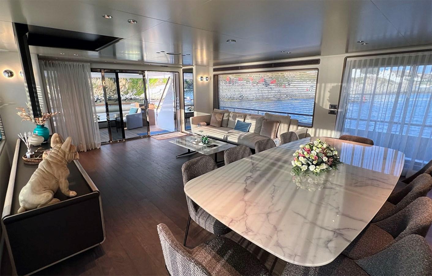 a large living room with a large screen aboard CHECKMATE Yacht for Sale