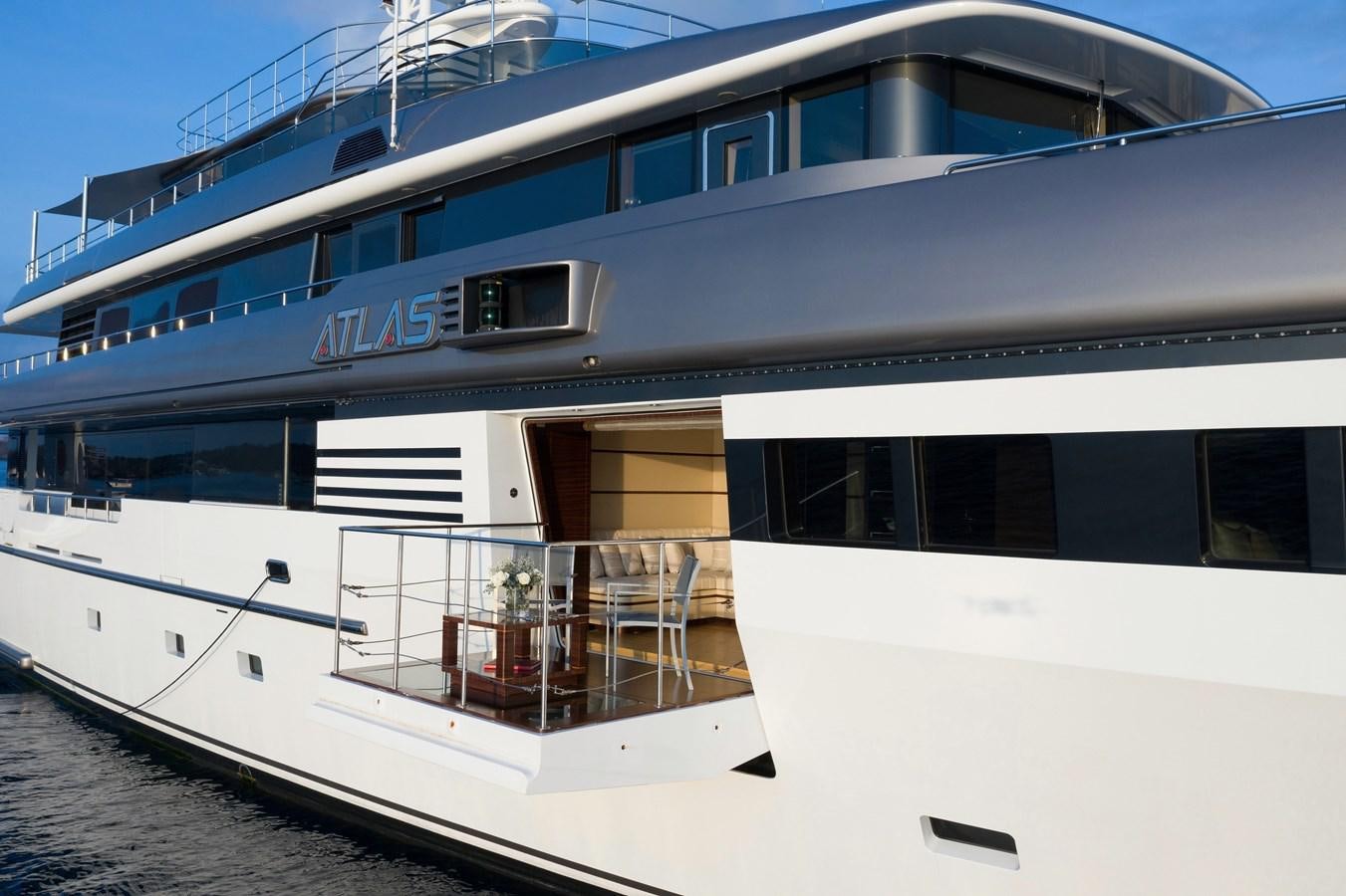 a large boat with a balcony aboard ATLAS Yacht for Sale
