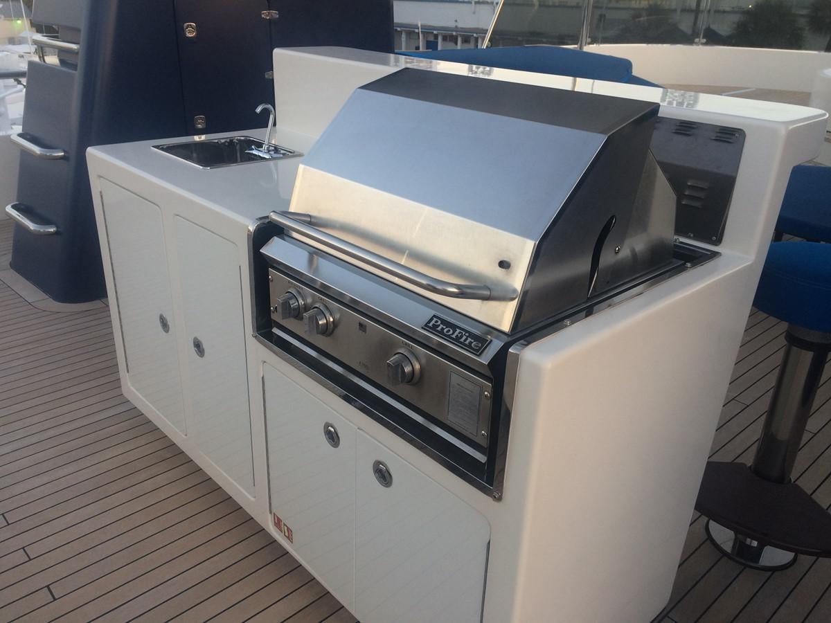 a white microwave on a white counter aboard THE BIG BLUE Yacht for Sale