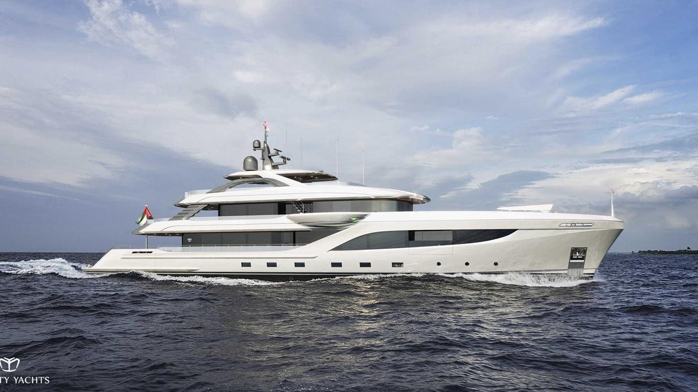 a white yacht in the water aboard MAJESTY 50M Yacht for Sale