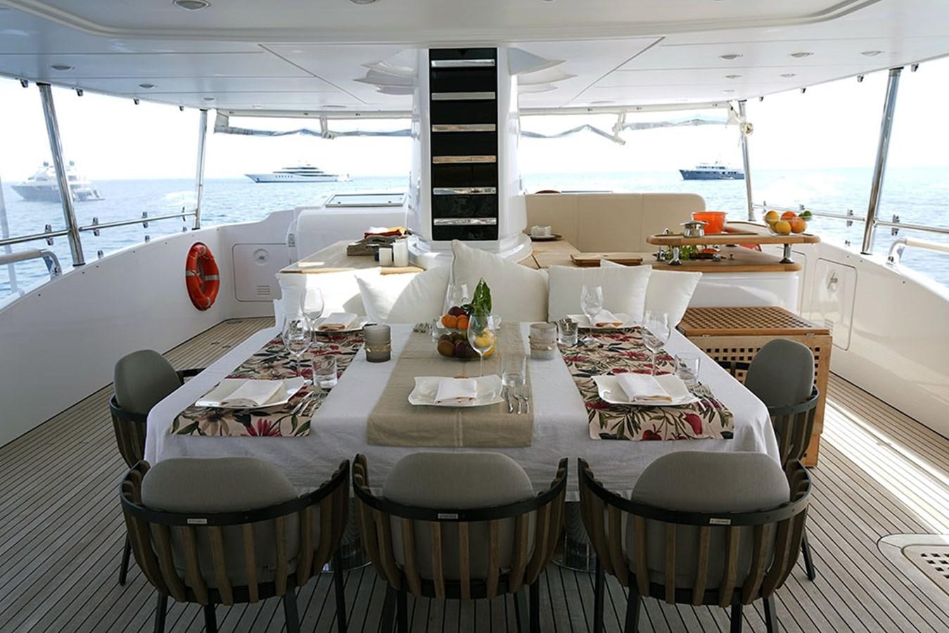 a dining table set for a family dinner aboard AKUA Yacht for Sale