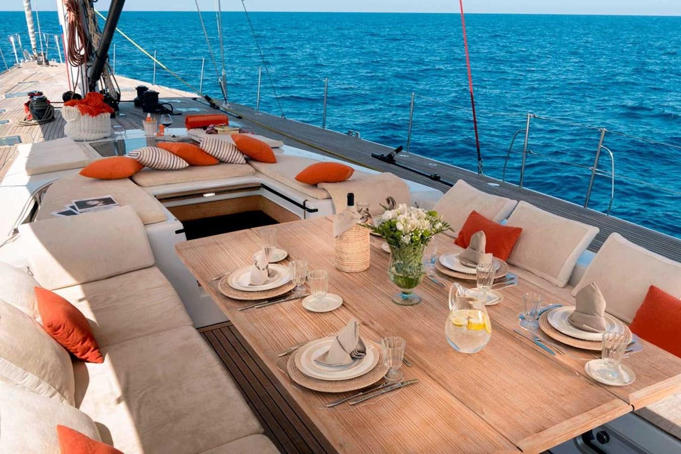 a table with drinks and a view of the ocean aboard LOGICA Yacht for Sale