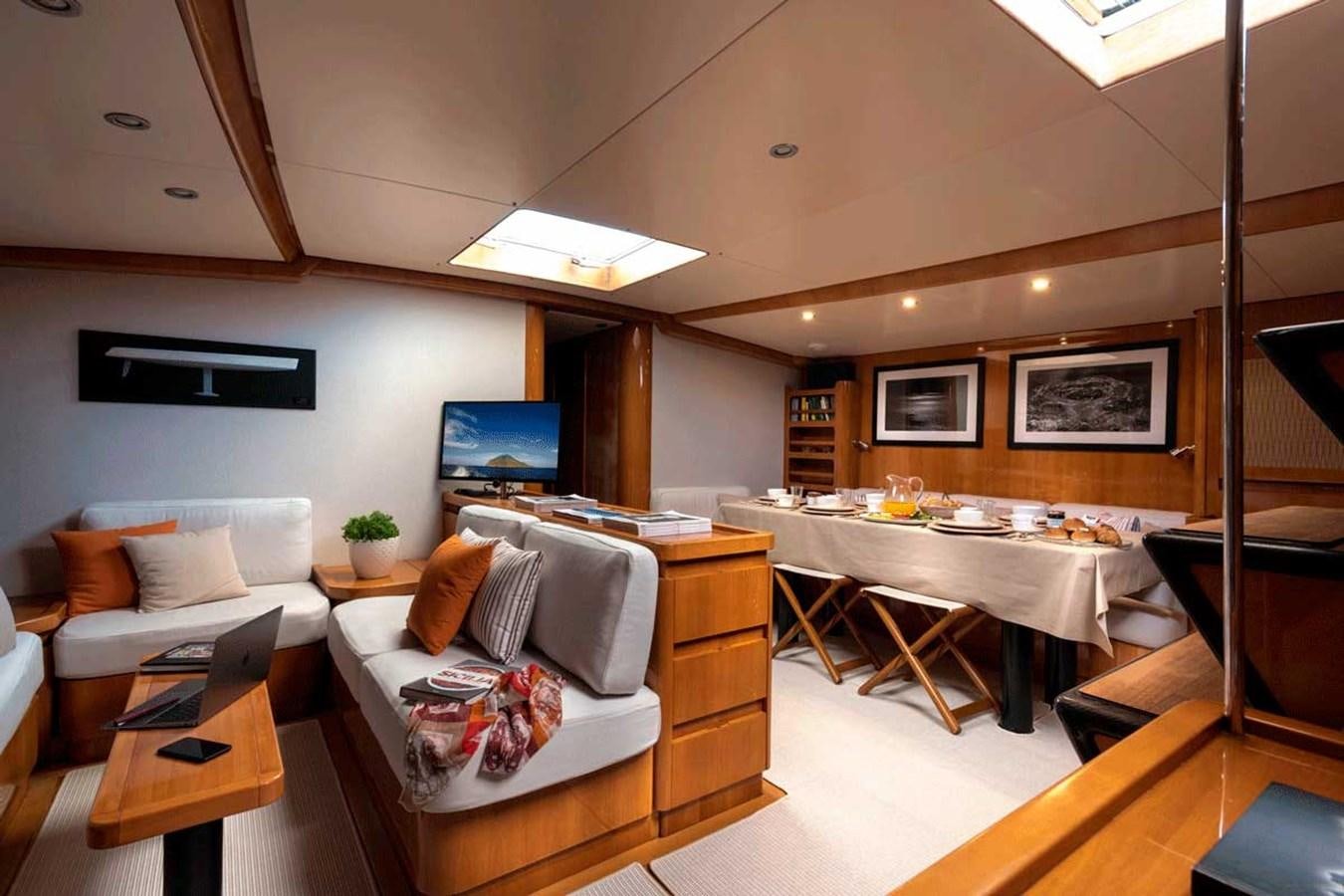 a living room with a couch and a television aboard LOGICA Yacht for Sale