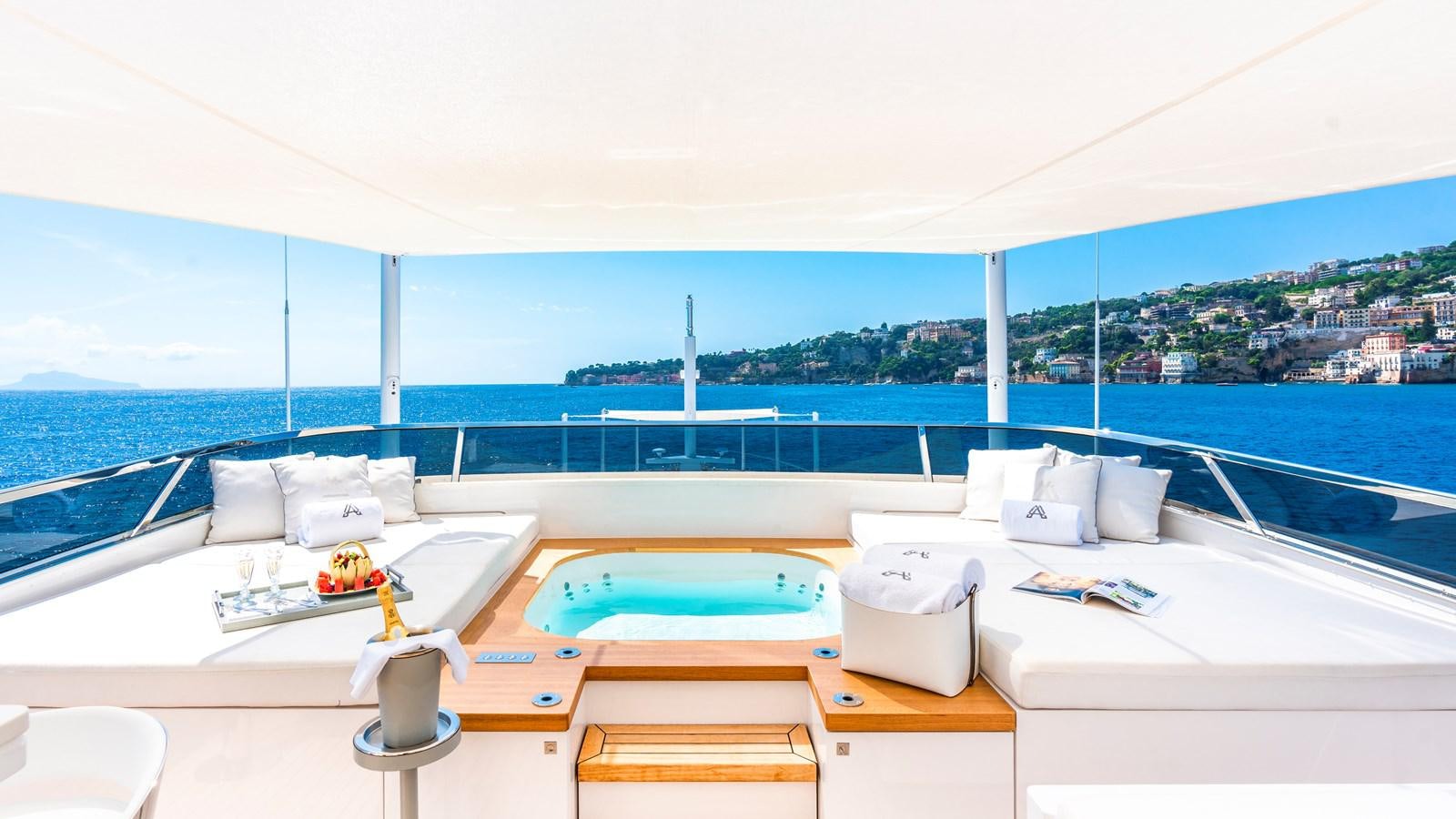 a room with a pool and a large window aboard AAA Yacht for Sale