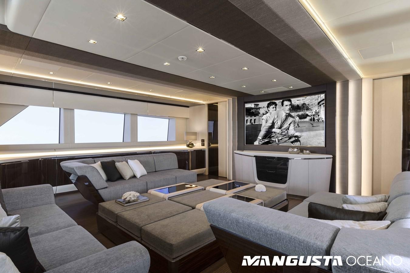 a living room with a large screen aboard SANCTUARY Yacht for Sale