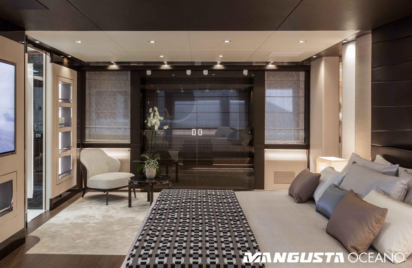 a large bed in a room aboard SANCTUARY Yacht for Sale