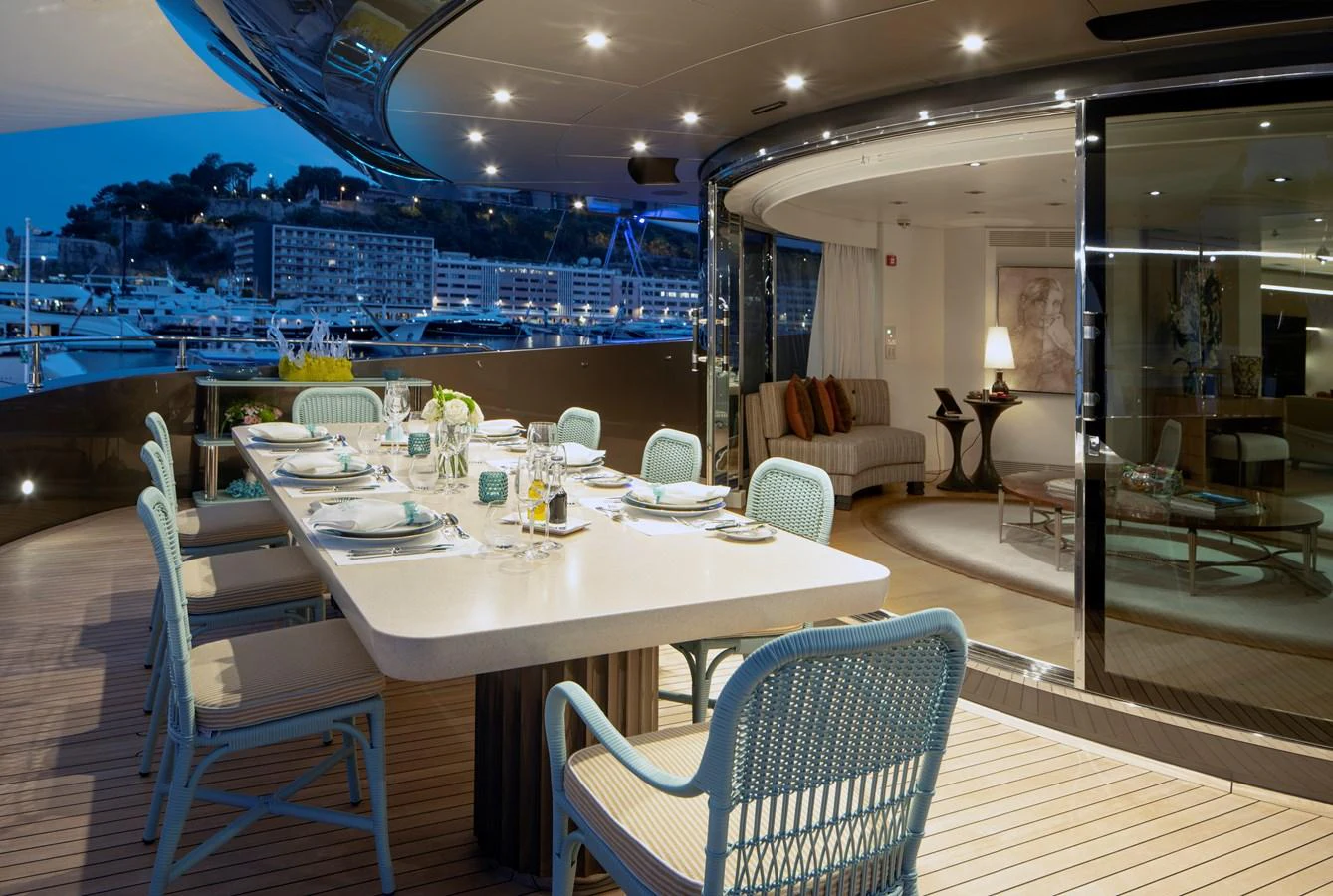 a dining room with a large table aboard MRS L Yacht for Sale