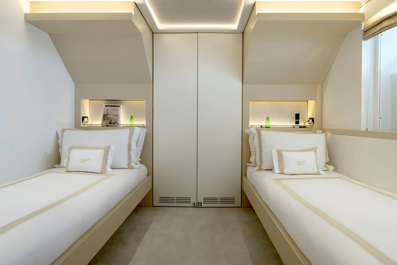 a room with two beds aboard MRS L Yacht for Sale