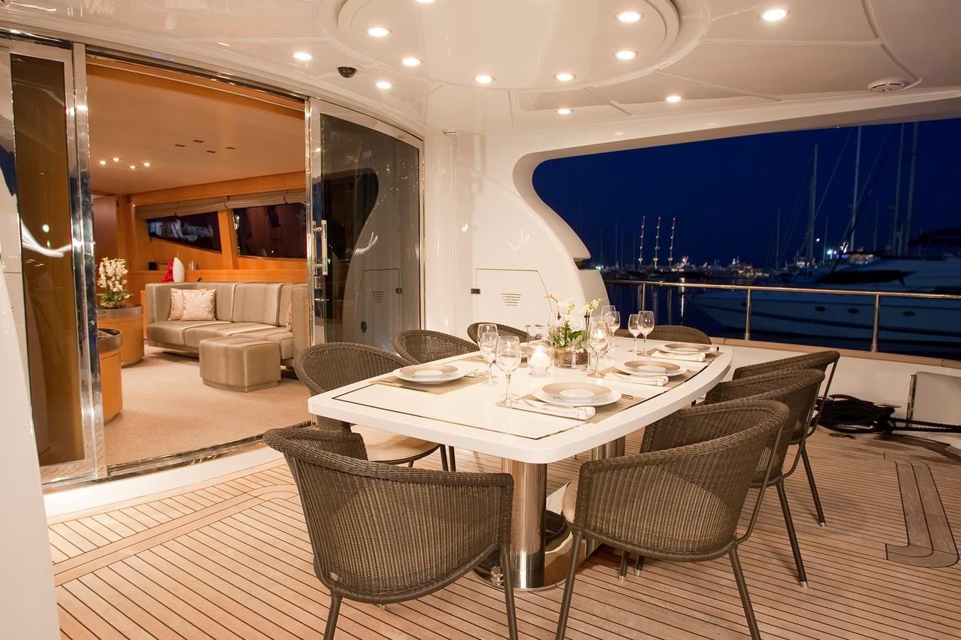 a large room with a table and chairs aboard COCA VI Yacht for Sale