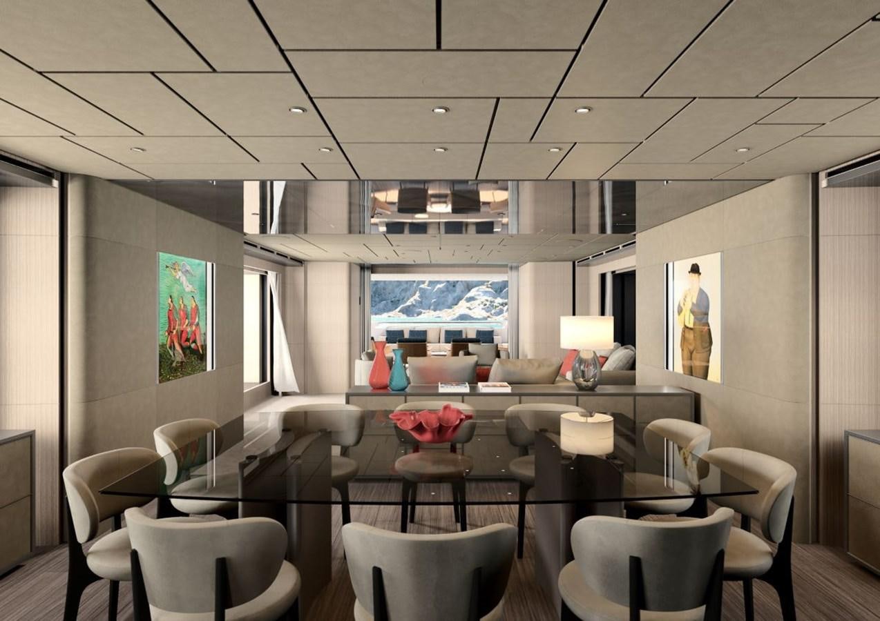 a room with tables and chairs aboard HORIZON Yacht for Sale