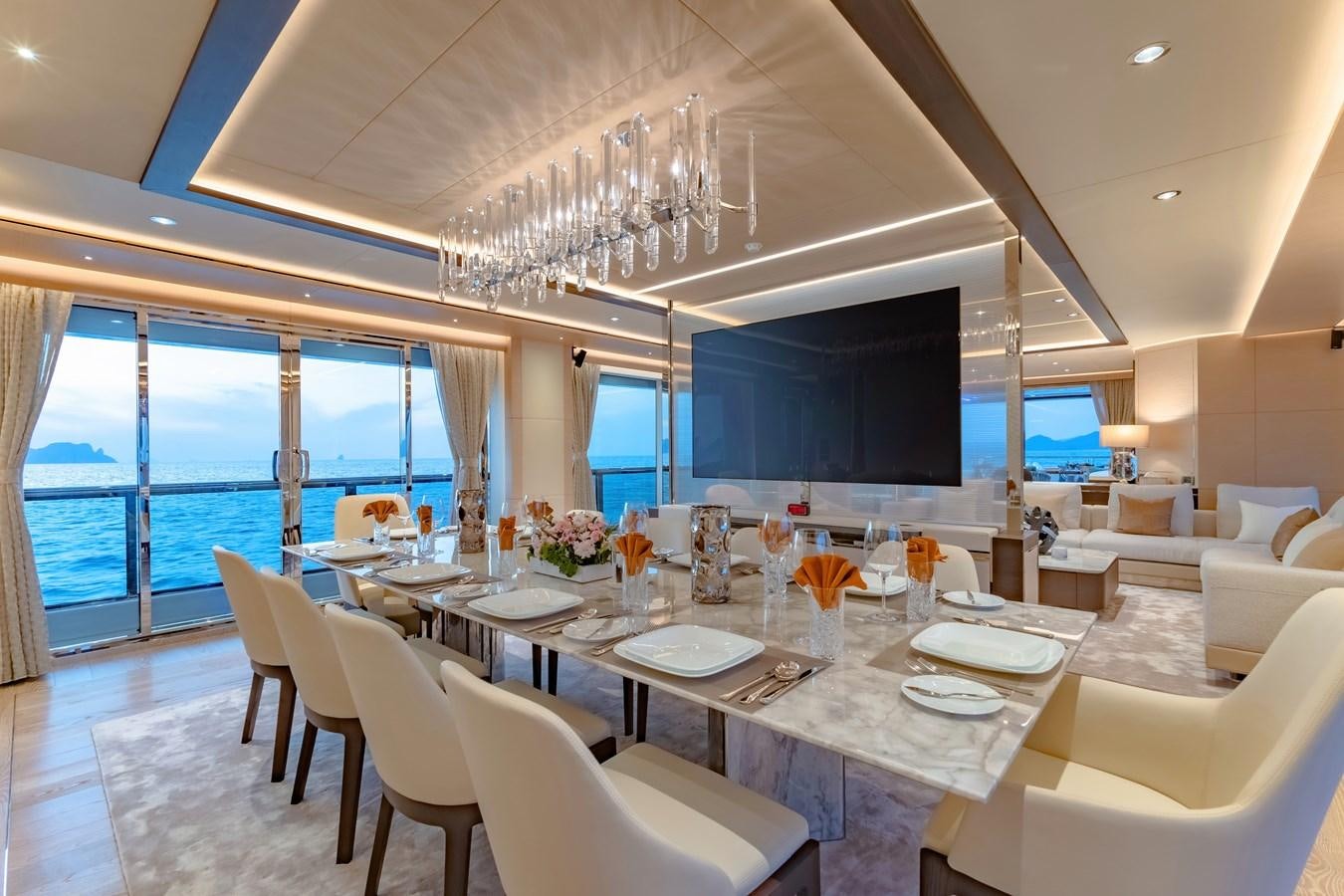 a large dining room with a large window aboard SONG OF SONGS Yacht for Sale