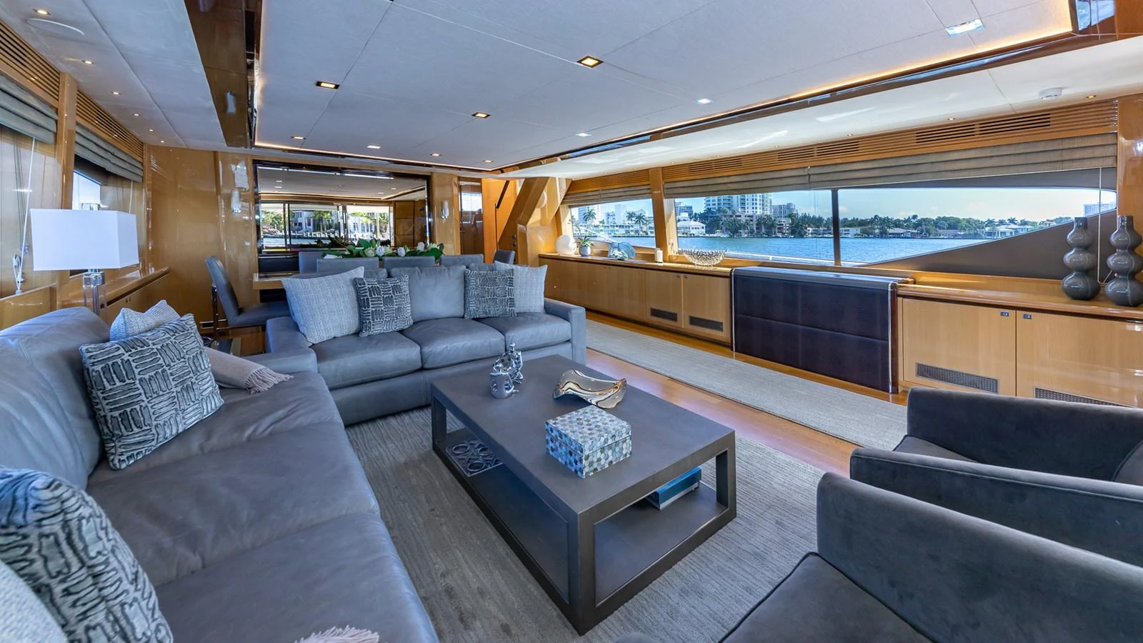 a living room with a large window aboard LADY COPE Yacht for Sale