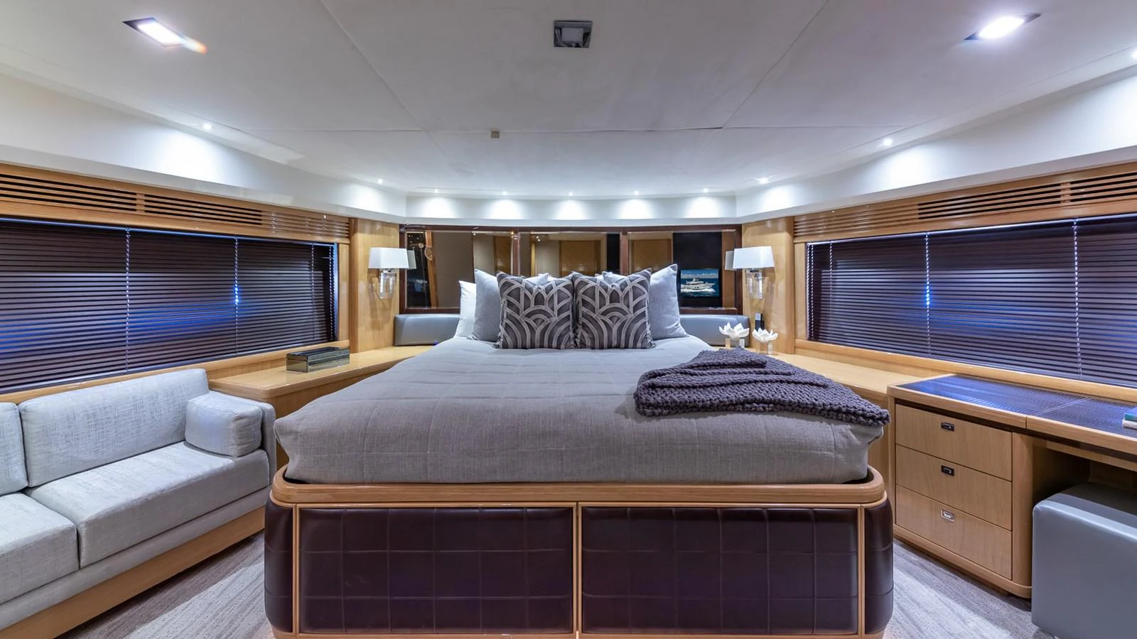 a large bed in a room aboard LADY COPE Yacht for Sale