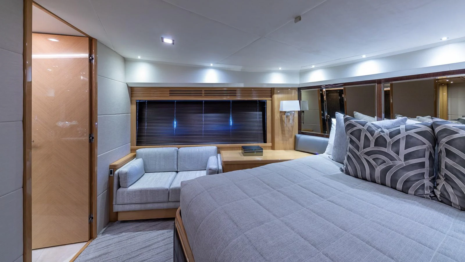 a bed in a room aboard LADY COPE Yacht for Sale