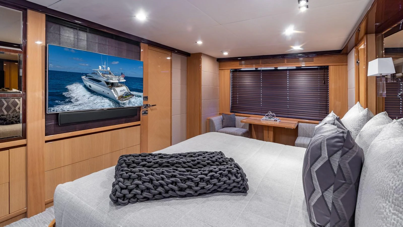a bed with a large bed aboard LADY COPE Yacht for Sale